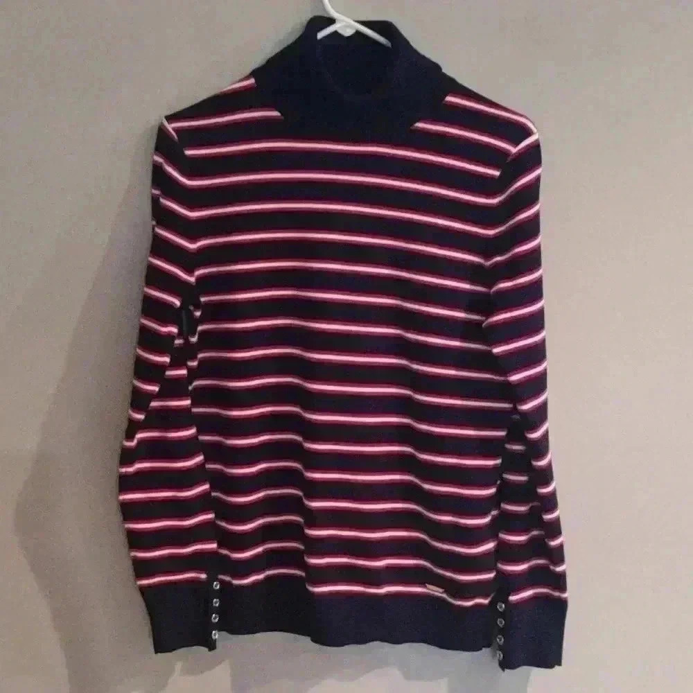 Tommy Hilfiger navy red white stripe long sleeve turtleneck sweater womens med